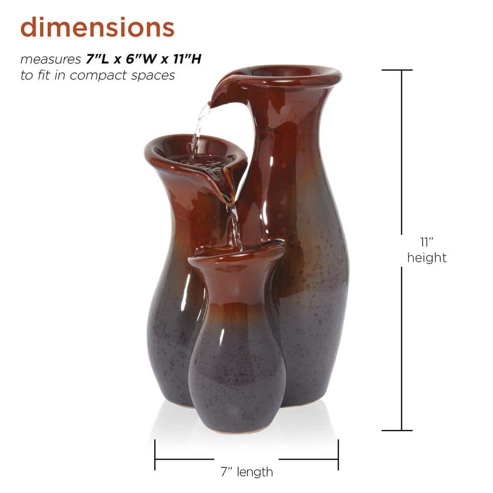 Alpine Corporation 11 in. H Indoor Tiered Glossy Ceramic Vase Tabletop Fountain, Brown/Gray GIL1698