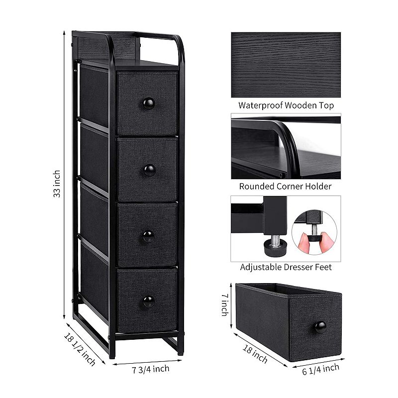 REAHOME 4 Drawer Vertical Storage Organizer Narrow Tower Dresser， Black Grey