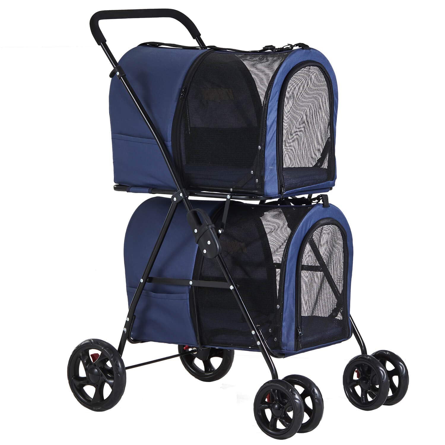 Double Pet Stroller 4-in-1 Folding Dog Strollers Travel Cart with 2 Detachable Carriersand4 Lockable Wheels for Small Medium Dogs Cats，Navy Blue