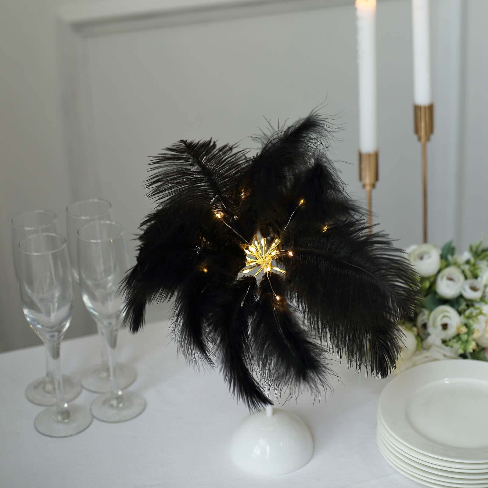 LED Black Ostrich Feather Table Lamp Desk Light, Battery Operated Cordless Wedding Centerpiece 15