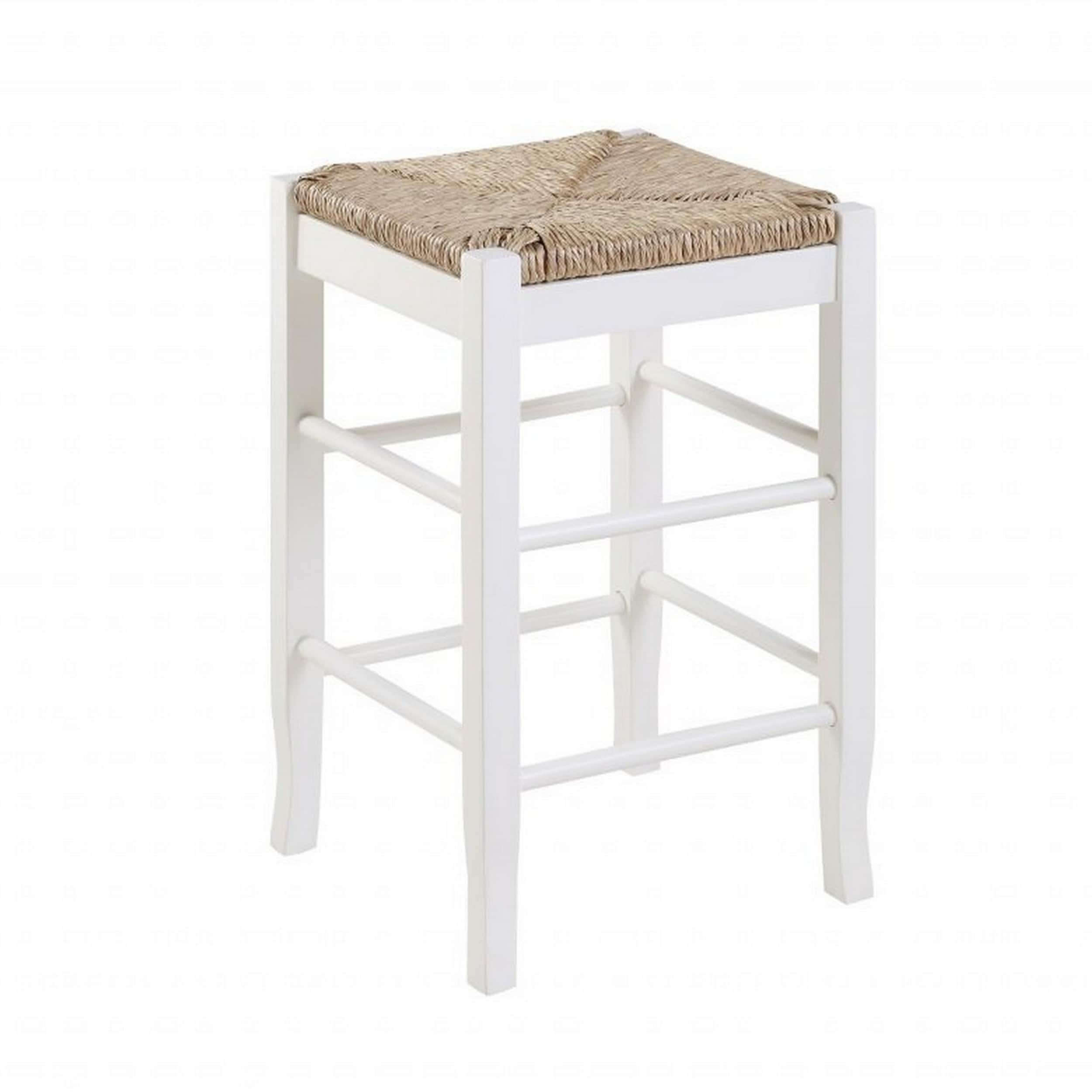 Square Wooden Frame Counter Stool with Hand Woven Rush， White and Brown