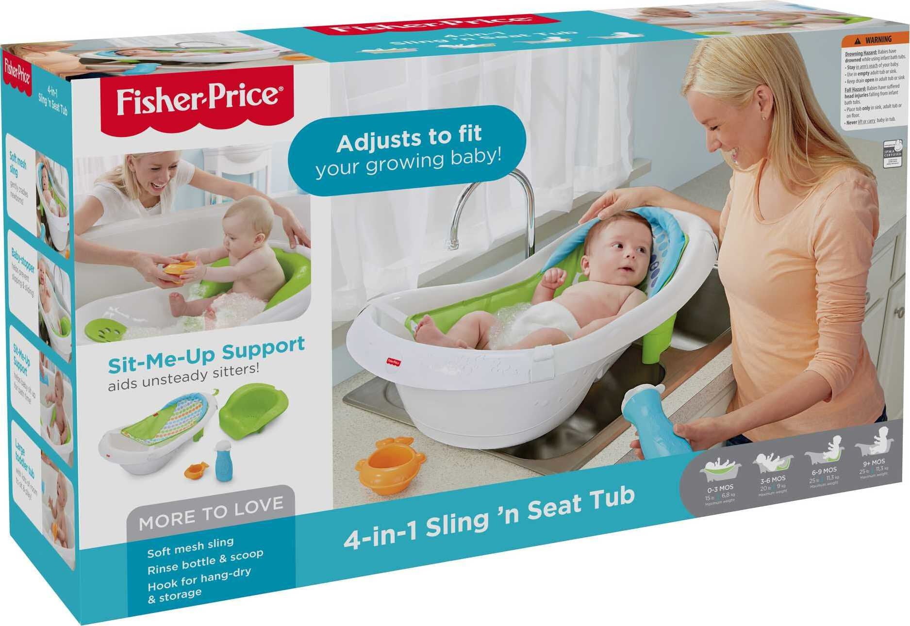 Fisher-Price 4-in-1 Sling ‘n Seat Tub Baby to Toddler Bath with 2 Toys, Green