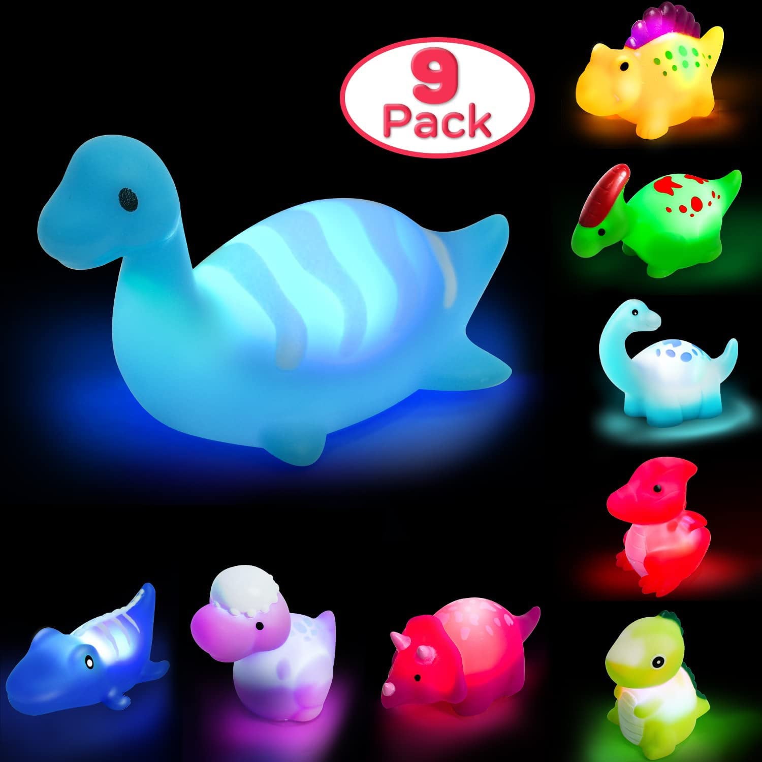 TOY Life 9 Pcs Dinosaur Light Up Bath Toys for Toddlers 3 4 5 6， Kids Bath Toys， Toddler Bath Toys Age 3-4， Bath Tub Toys 3-4， 9 Packs Rubber Animals Bath Toys， Fun Bath Toys for Girls Boys Baby