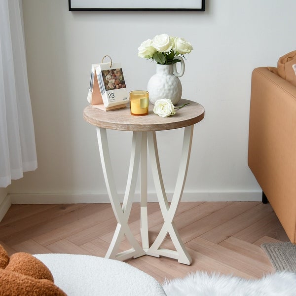 Farmhouse Round End Table， Rustic Wood Side Table for Living Room/Bedroom， White/Natural