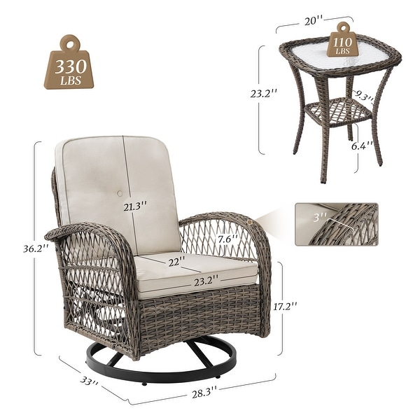 COZYMAN Outdoor Patio 3Piece Wicker Conversation Set Swivel Rocking Chat Chairs