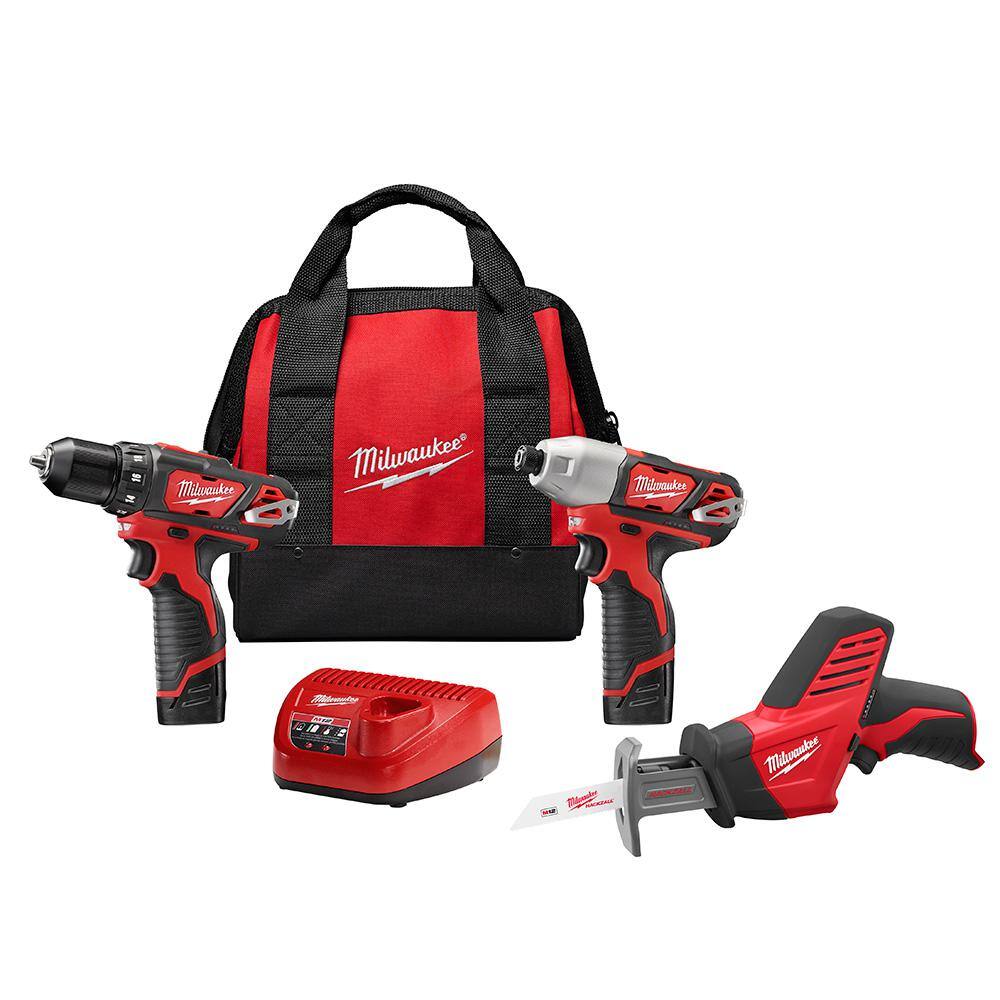 MW M12 12V Lithium-Ion Cordless Combo Tool Kit (3-Tool) w(2) 1.5Ah Batteries (1) Charger (1) Tool Bag 2498-23