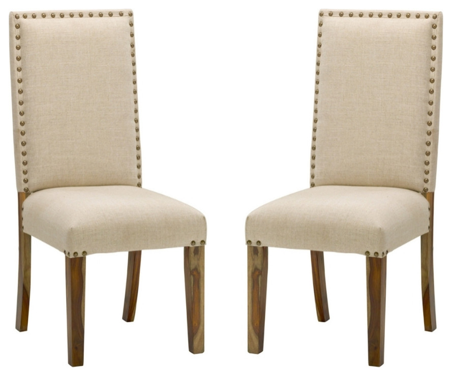 Set of 2 Upholstered Dining Chairs Wood Base Nail Head Trim  Off White   Transitional   Dining Chairs   by Sideboards and Things  Houzz