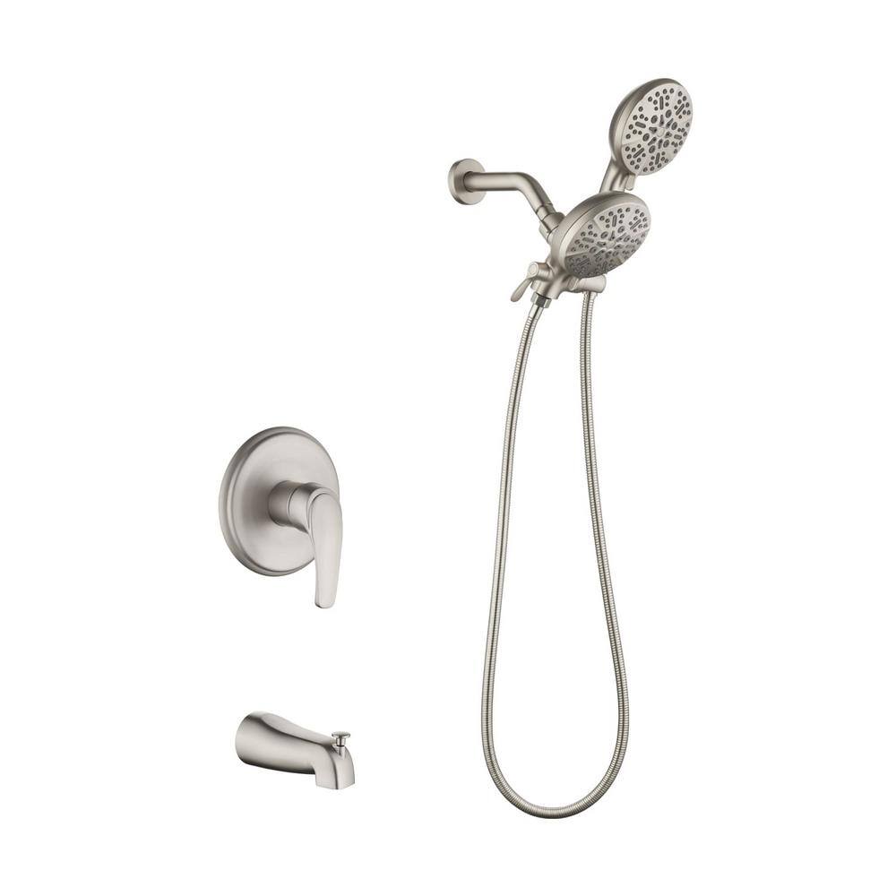 FLG Single-Handle 7-Spray Wall Mount Tub and Shower Faucet 2 In-1 Shower Head Trim Kit in Brushed Nickel (Valve Included) SS-0024-BN