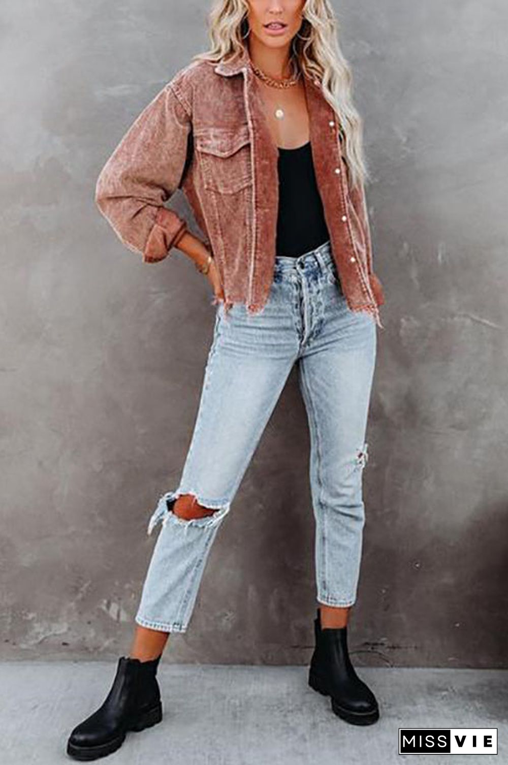 Frayed Hem Cropped Corduroy Jacket