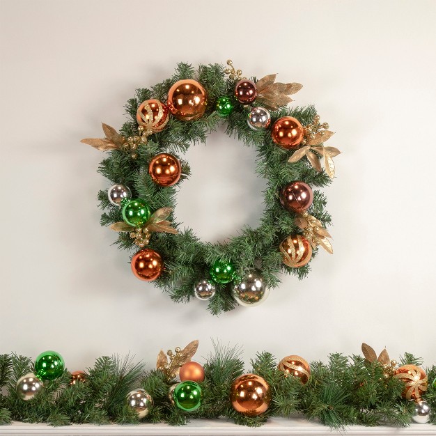 Unlit Green Foliage And Copper Ornaments Christmas Wreath