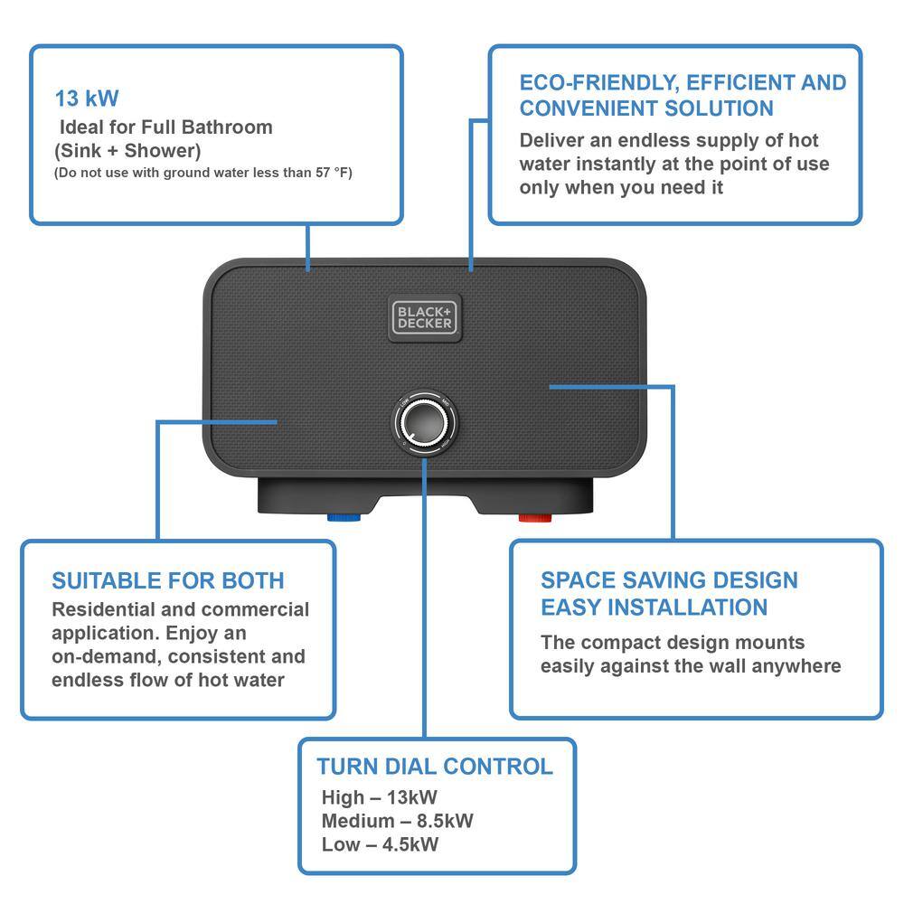 BLACK+DECKER 13 kW240V 2.6 GPM Electric Tankless Water Heater with Pressure Relief Device Sink and Shower Combination BD-POU-13HD
