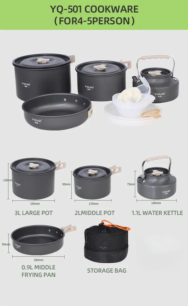 Customised portable storage cookware Aluminum high quality 3L camping pot kettle frying pan