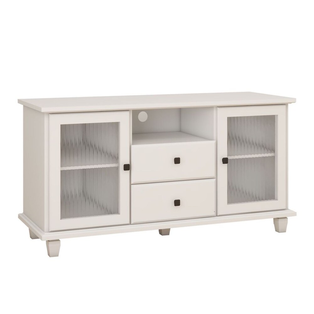 White 3 Layers Side Cabinet TV Stand 2 Glass Door 2 Drawer Storage