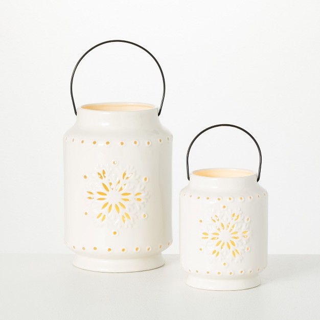 6 quot h And 9 5 quot h Sullivans Snowflake Lantern Set Of 2 White