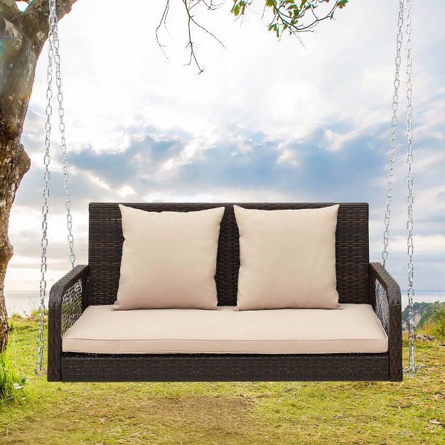 Costway Patio Wicker Porch Swing 2 person Hanging Loveseat Bench Chair With Cushions Beige black