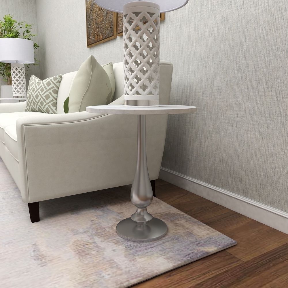 White Marble Accent Table with Silver Aluminium Base   20 x 20 x 24Round