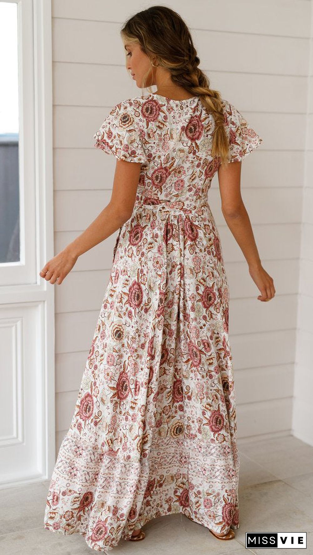 Floral V-Neck Short Sleeve Maxi Dress