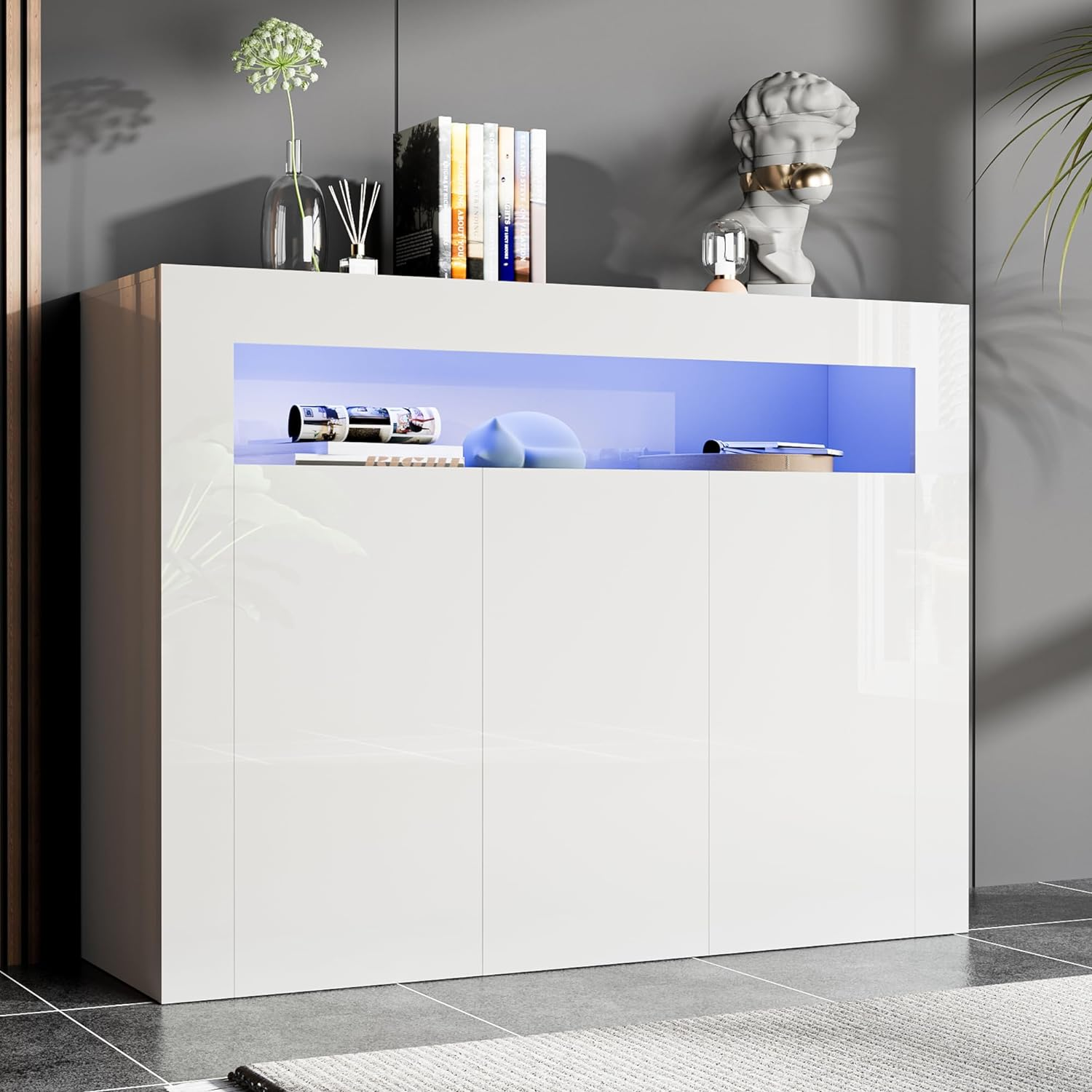 High Glossy Buffet Cabinet Sideboard Storage Cabinet Bar Cabinet with LED Lights Adjustable Shelf and 3 Doors