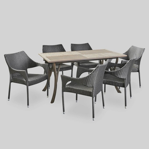 Nora 7pc Wicker And Acacia Wood Dining Set Gray Christopher Knight Home