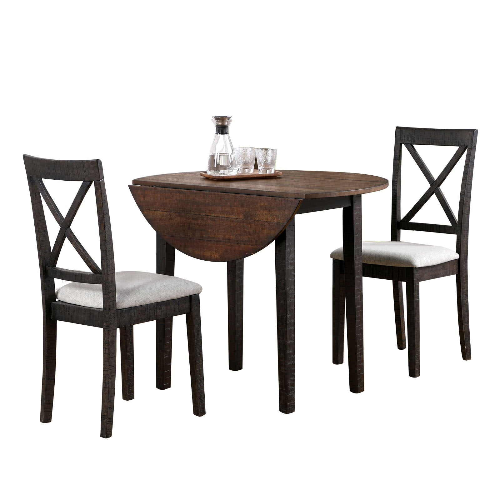 3 Piece Round Dining Table Set with Two Chairs in Dark Oak