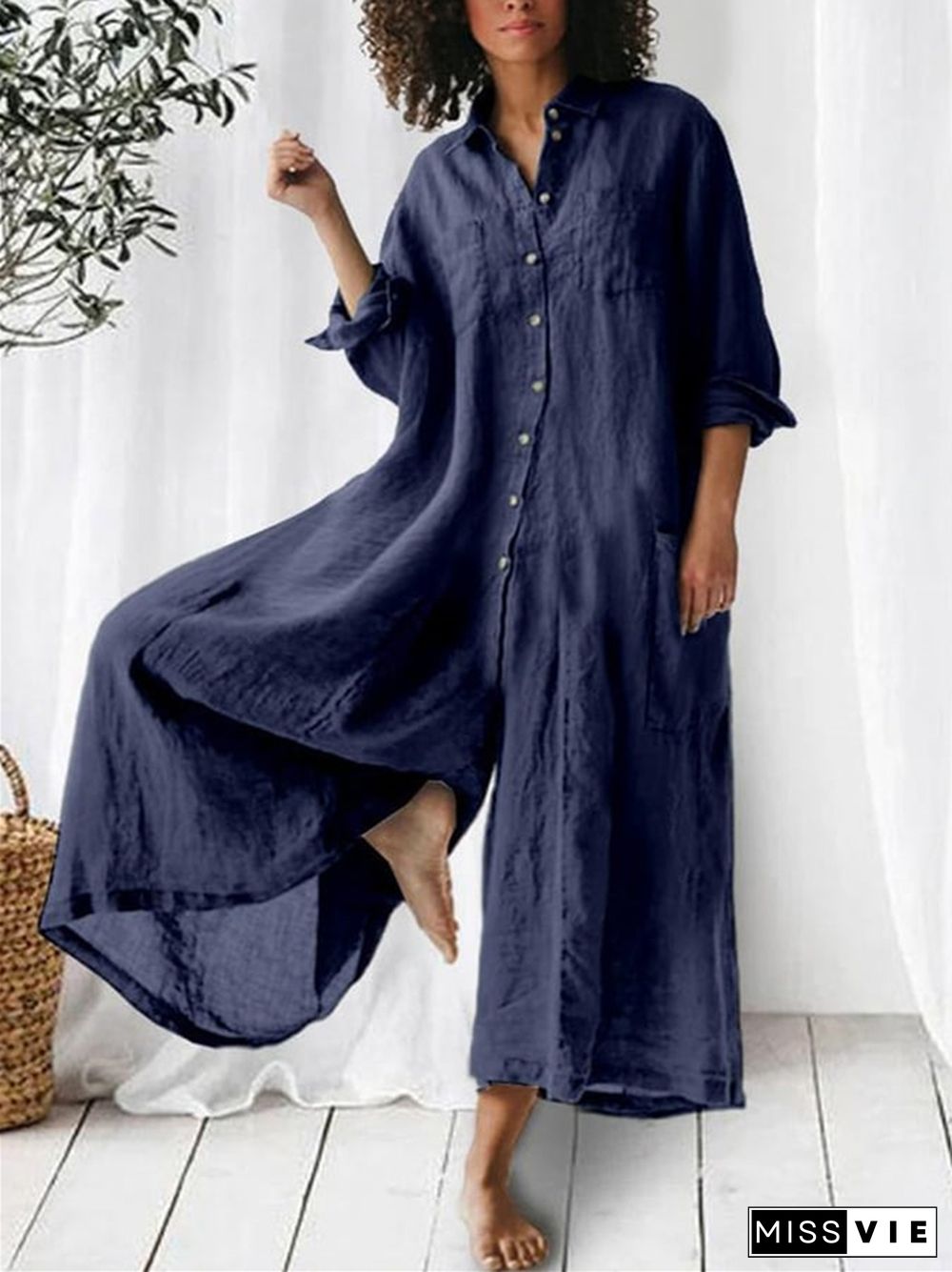 Patch Pocket Button Down Wide Leg Jumpsuit