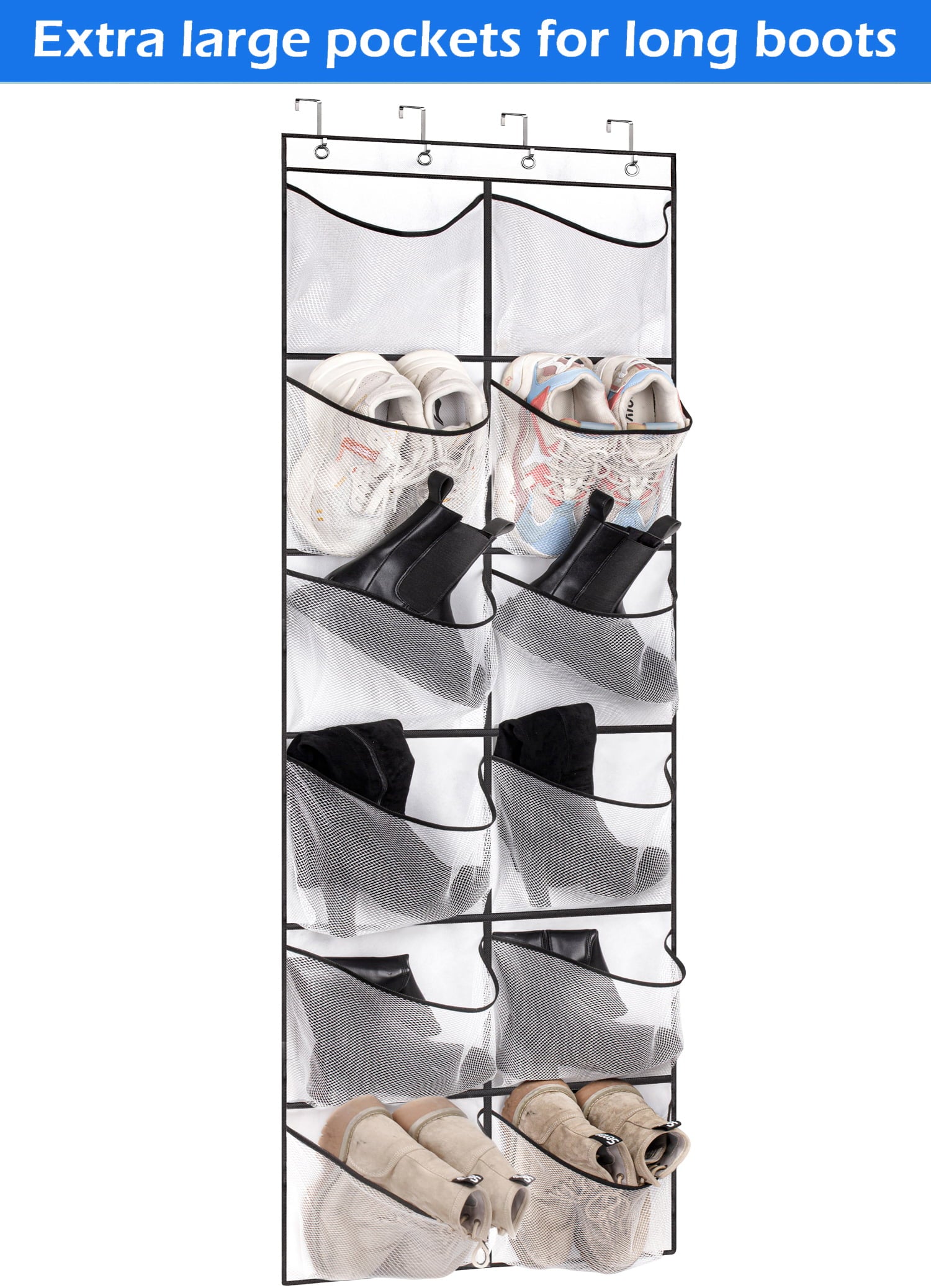 MISSLO Over the Door Shoe Rack Hanging Boot Organizer 12 Extra Large Pockets Shoes Holder for Men Size 16 Closet Storage Hanger， White