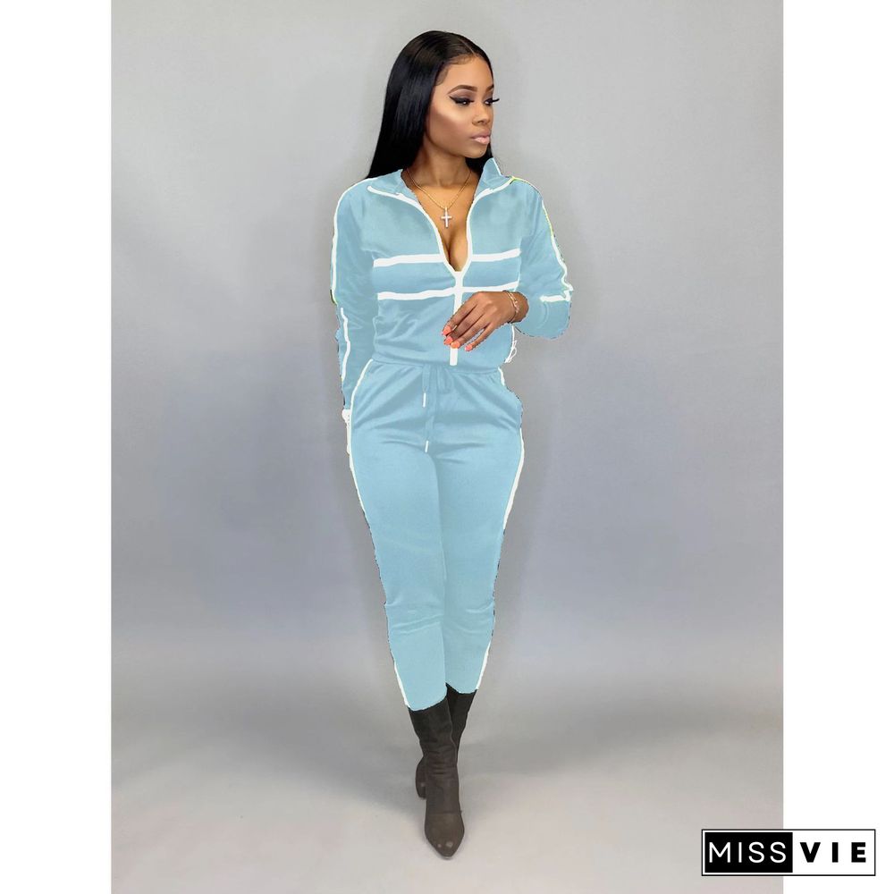 Leisure Solid Color Mosaic Zipper Jacket Two-piece Pants Set