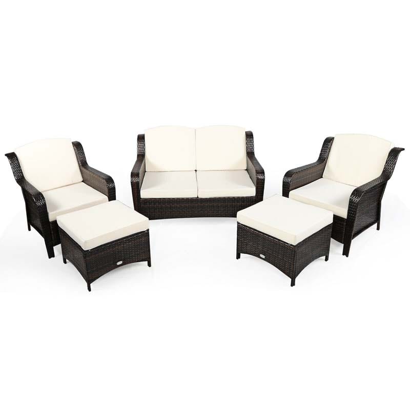 5 Pcs Rattan Wicker Patio Furniture Set with Loveseat, Single Sofas & Ottomans, Outdoor Conversation Sets