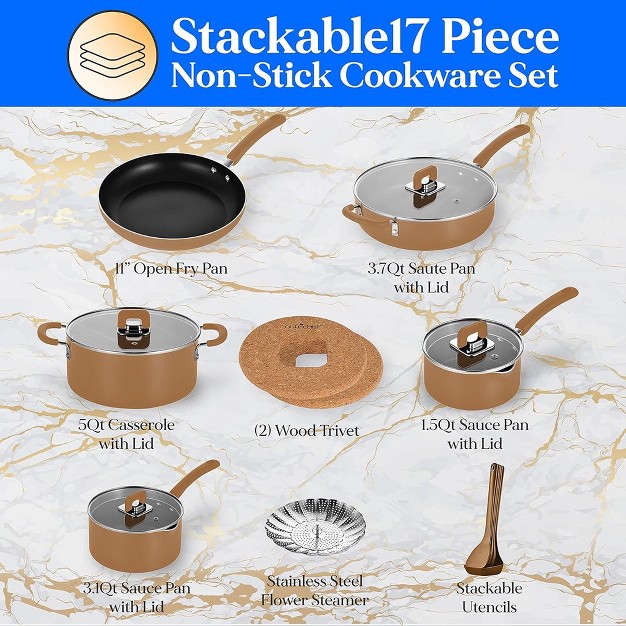 Nutrichef Kitchenware 17 Piece Non stick Cookware Set Brown