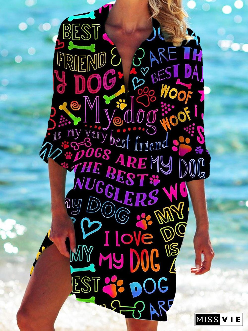 Bright Rainbow Doodle I Love My Dog Print Beach Shirt Dress