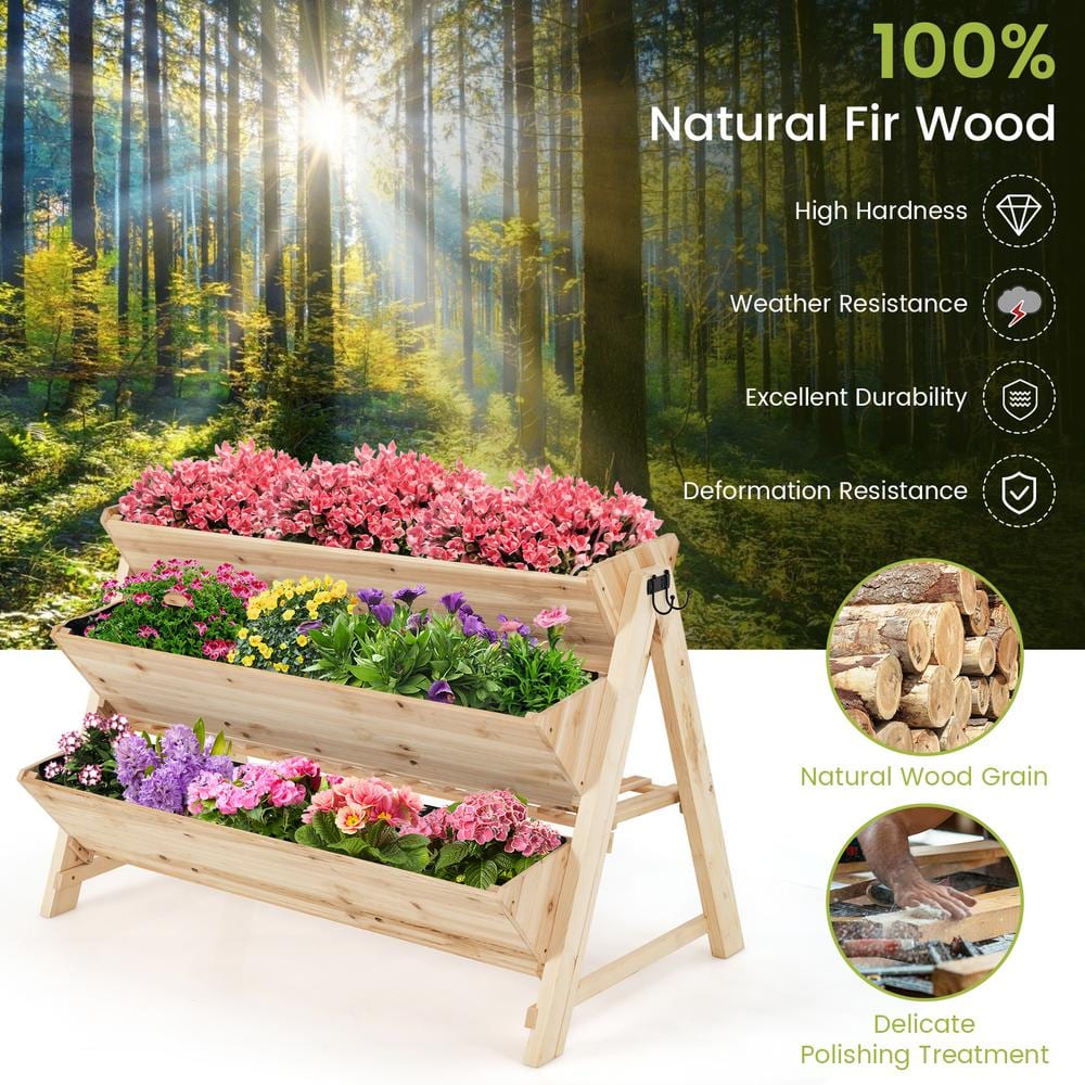 HONEY JOY 3-Tier Vertical Garden Bed Wooden Elevated Planter Bed W/Legs Storage Shelf 2 Hooks Raised Bed Kit TOPB006558