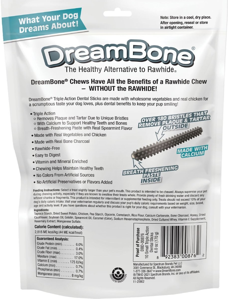 DreamBone Triple Action Dental Sticks Charcoal for Small and Medium Sized Dogs， 6-oz bag， 10 count