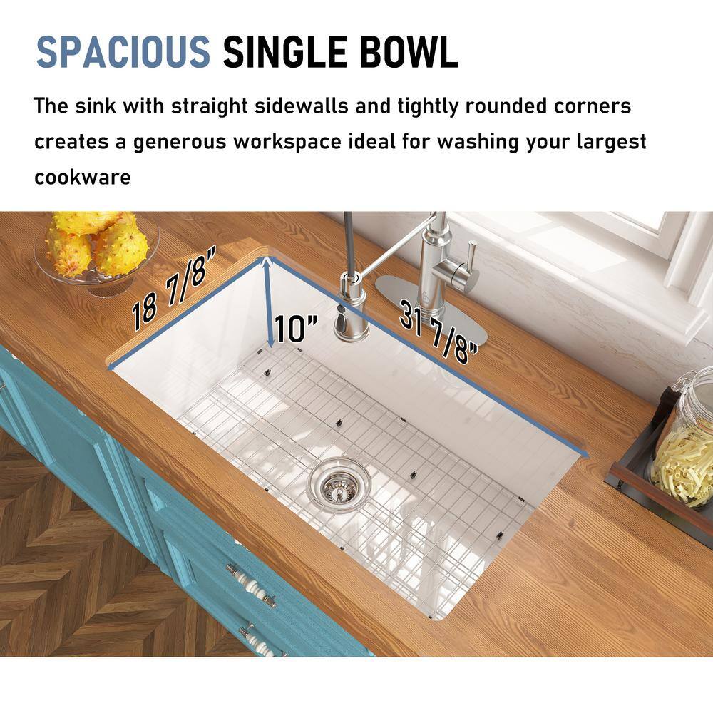 CASAINC Glossy White Fireclay 32 in. Single Bowl Undermount Kitchen Sink with Bottom Grid and Drainer CA-SN3219-W