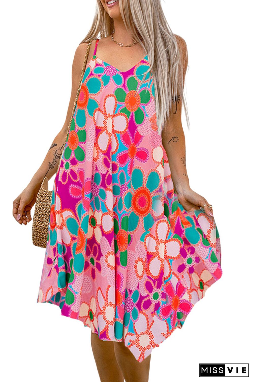 Pink Floral Print Spaghetti STraps Flowy Midi Dress