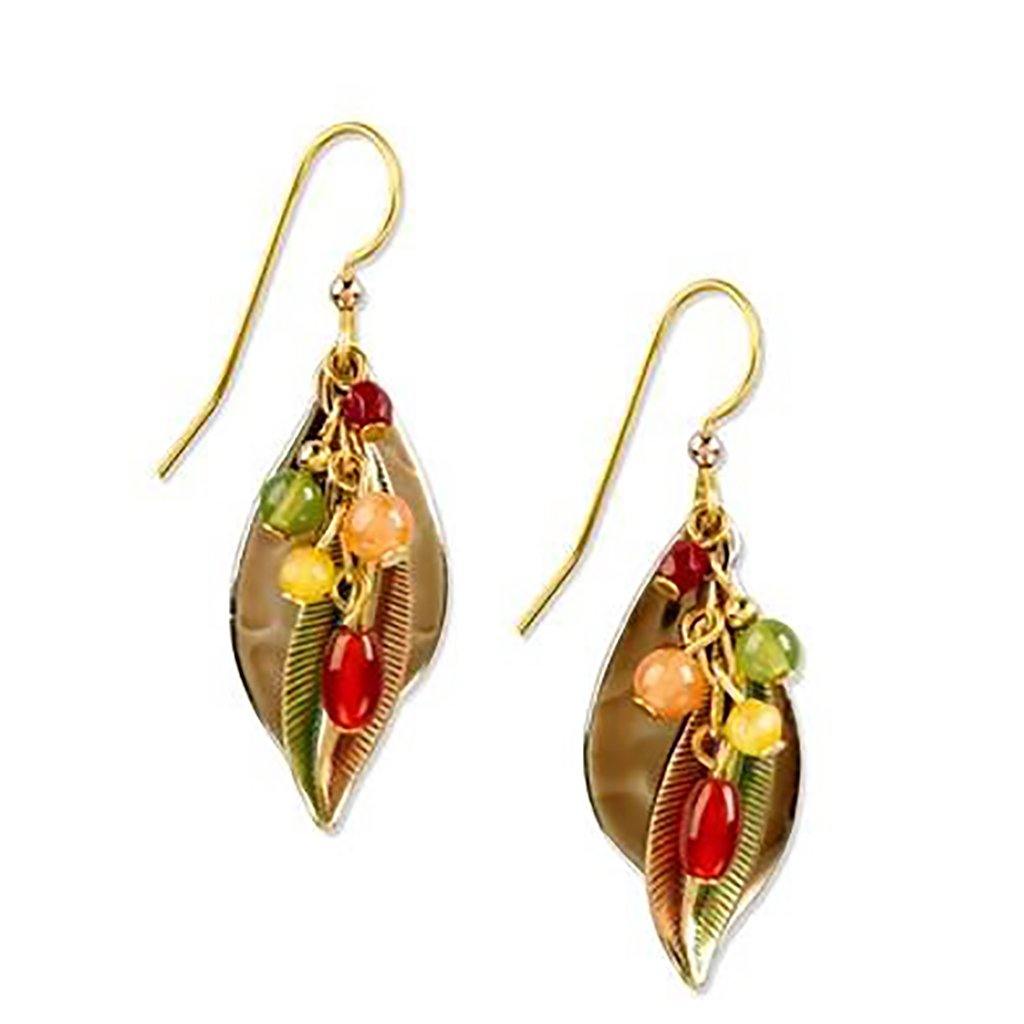 Silver Forest Earrings - Gold Leaf With Beads Dangle