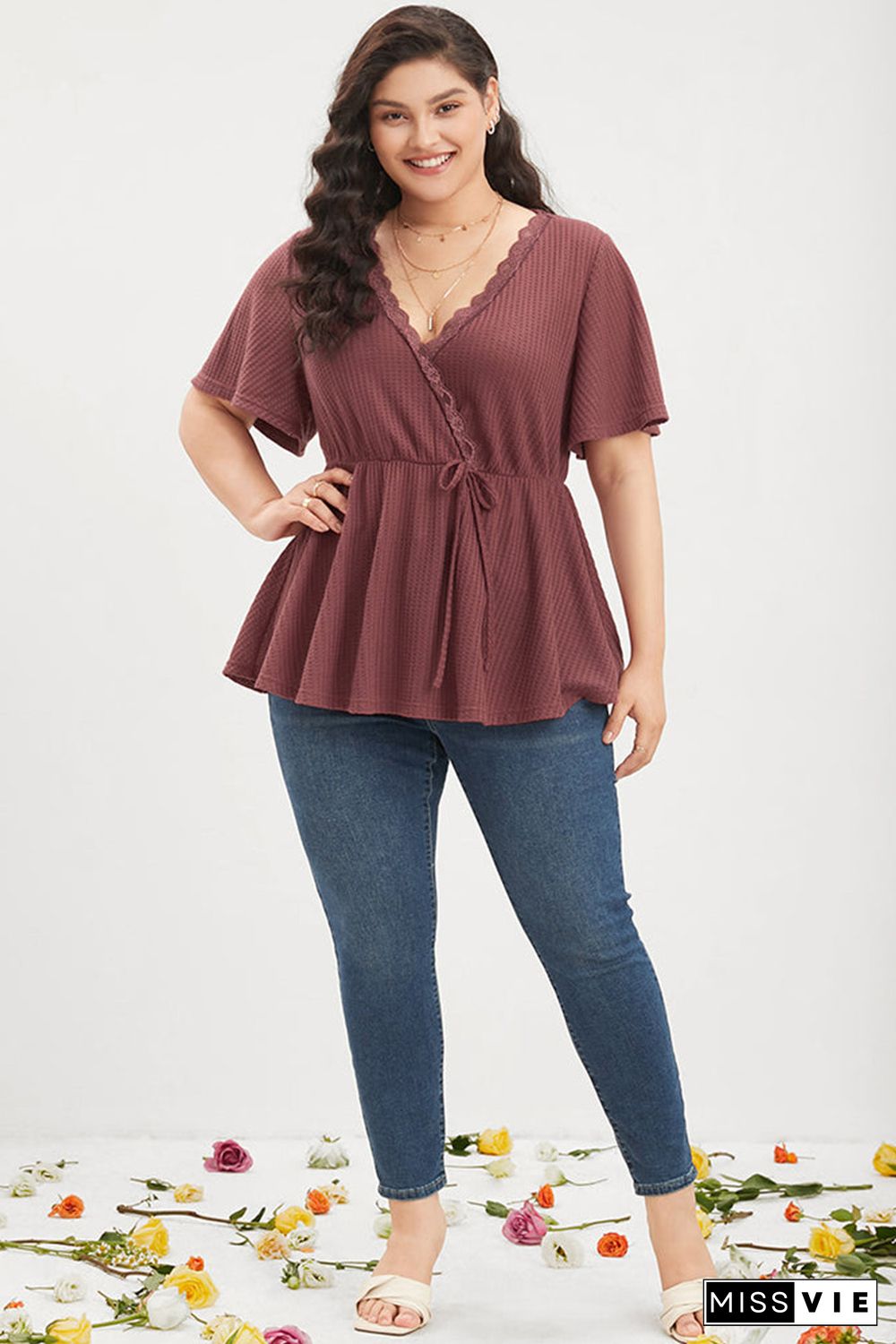 Red Plus Size Waffle Knit Lace V Neck Wrap Top