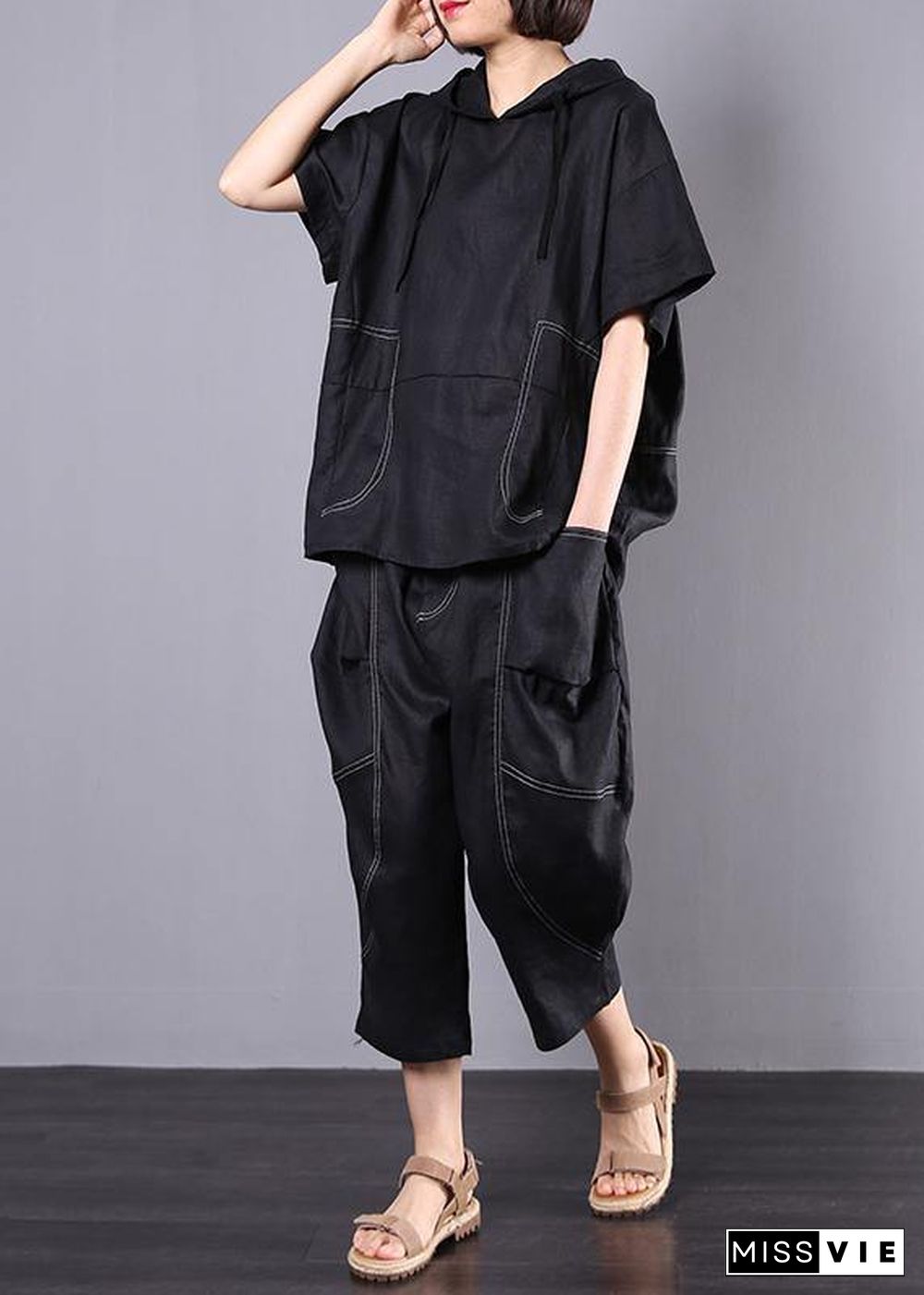 summer black casual linen two pieces hooded blouse with casual harem pants