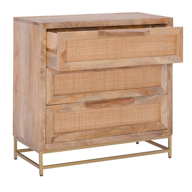 Gordon Transitional 3 Natural Cane Drawers Cabinet With Gold Metal Base Powell