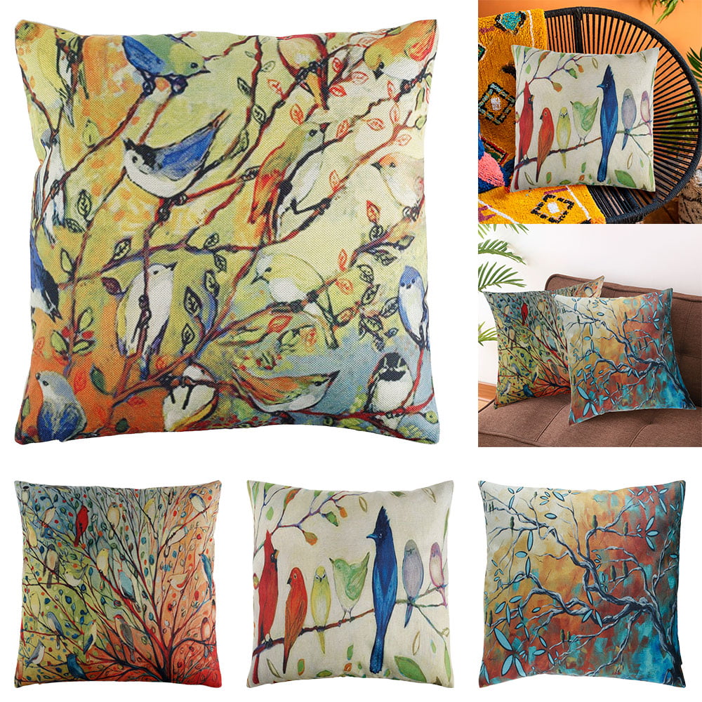 Fyeme 4 Pack Birds Throw Pillow Covers Spring Bird Paintings Pillow Case, Birds Stand on the Tree Branches Decorative Cushion Cases Home Decor for Couch Bed Sofa