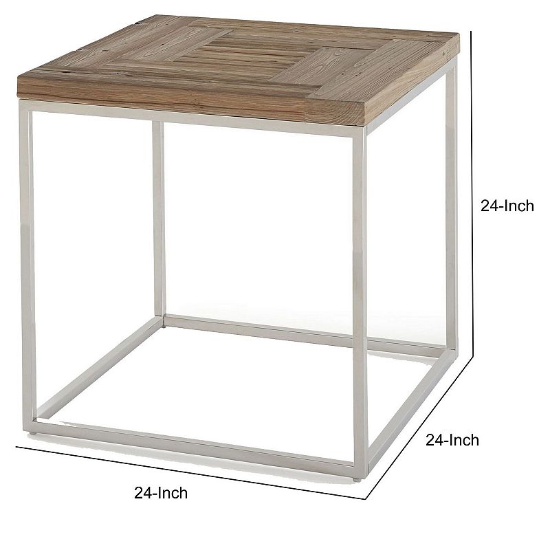 24 Inches Wooden Top End Table with Metal Base， Brown and Silver