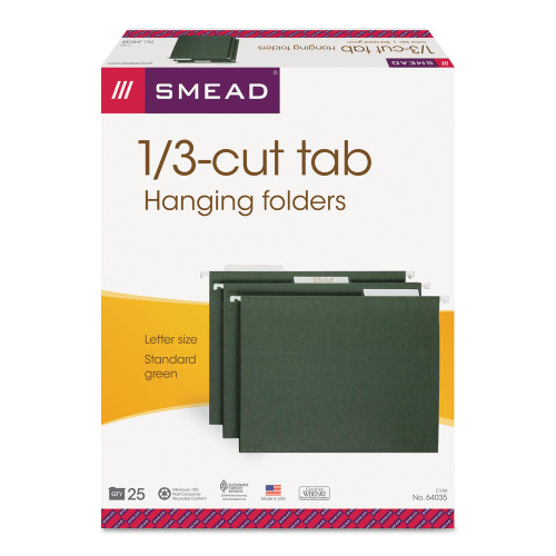 Smead Hanging Folders， Letter Size， 1/3-Cut Tab， Standard Green， 25/Box (64035)