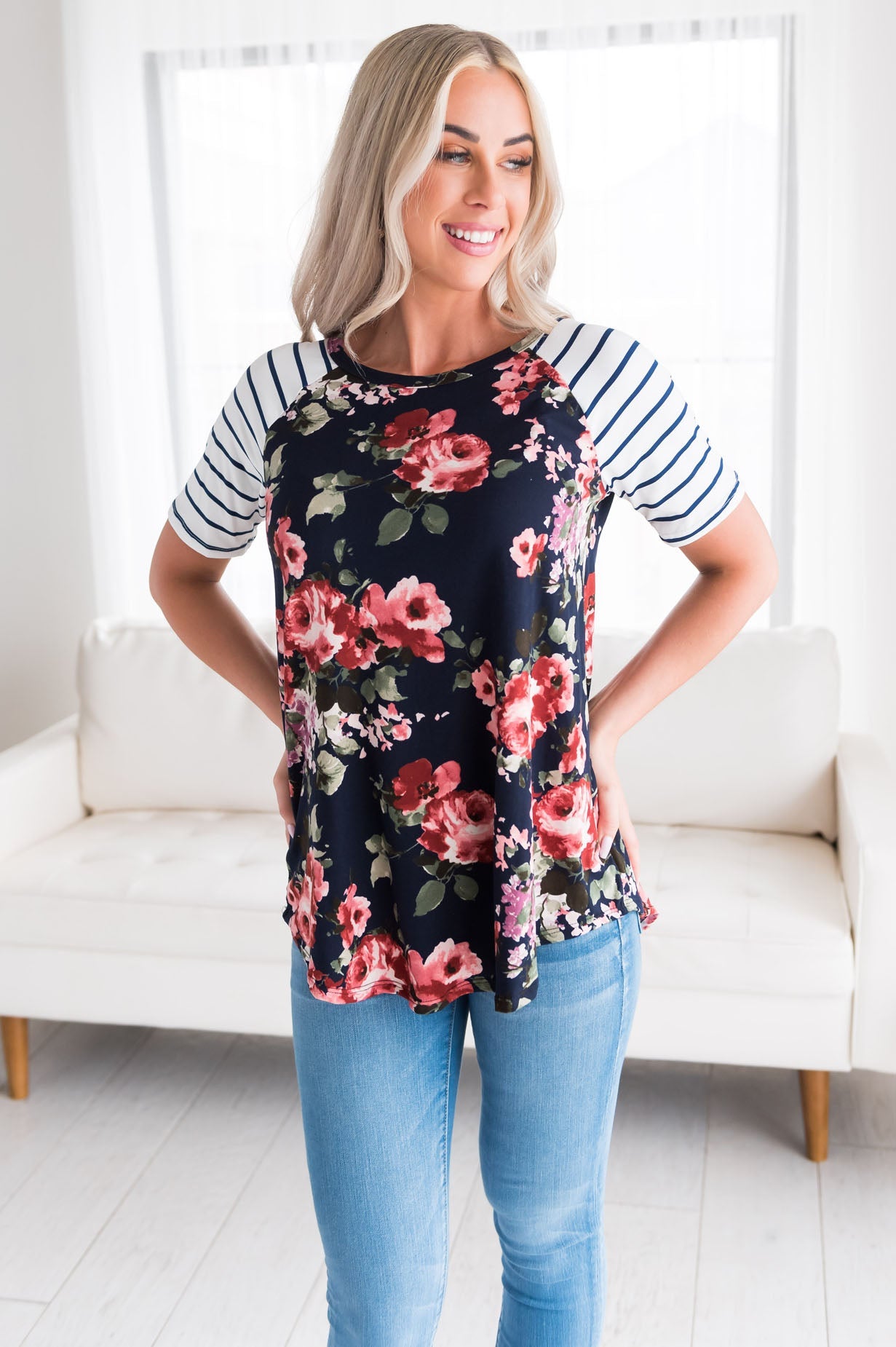 Floral & Stripes Baseball Sleeve Top