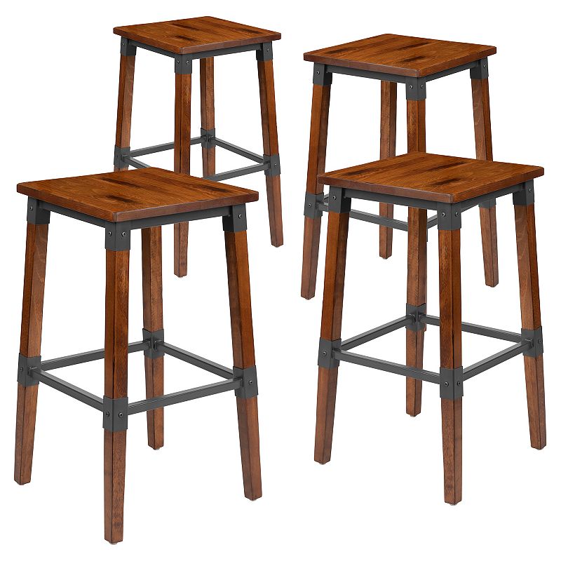 Merrick Lane Breton Backless Bar Height Stools with Steel Supports and Footrest - Set Of 4