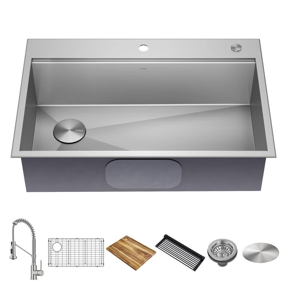 KRAUS Loften 33 in. Drop-inUndermount Single Bowl Stainless Steel Kitchen Workstation Sink with Faucet and Accessories KWT320-3318-1610SFS