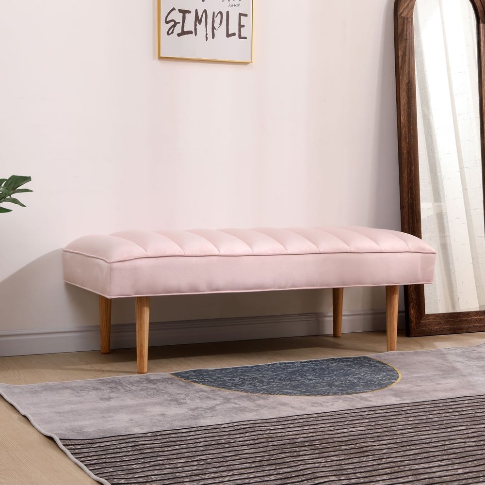 Pink Upholstered Bench Channel Tufted Ottoman with Wood Legs