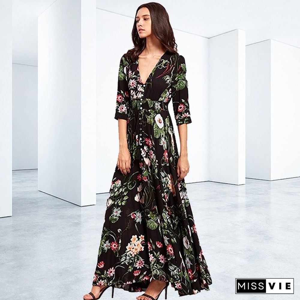 Fashion Bohemian Dress Womens V Neck Floral Print Big Swing Long Dress Plus Size