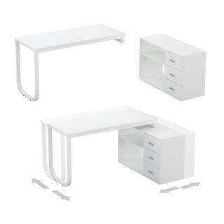 FUFUGAGA 55.1 in. L-Shaped White Wood Writing Desk Corner Gaming Desk With 2-Tier Shelves and 3-Drawers Home Office Use KF210009-02-c