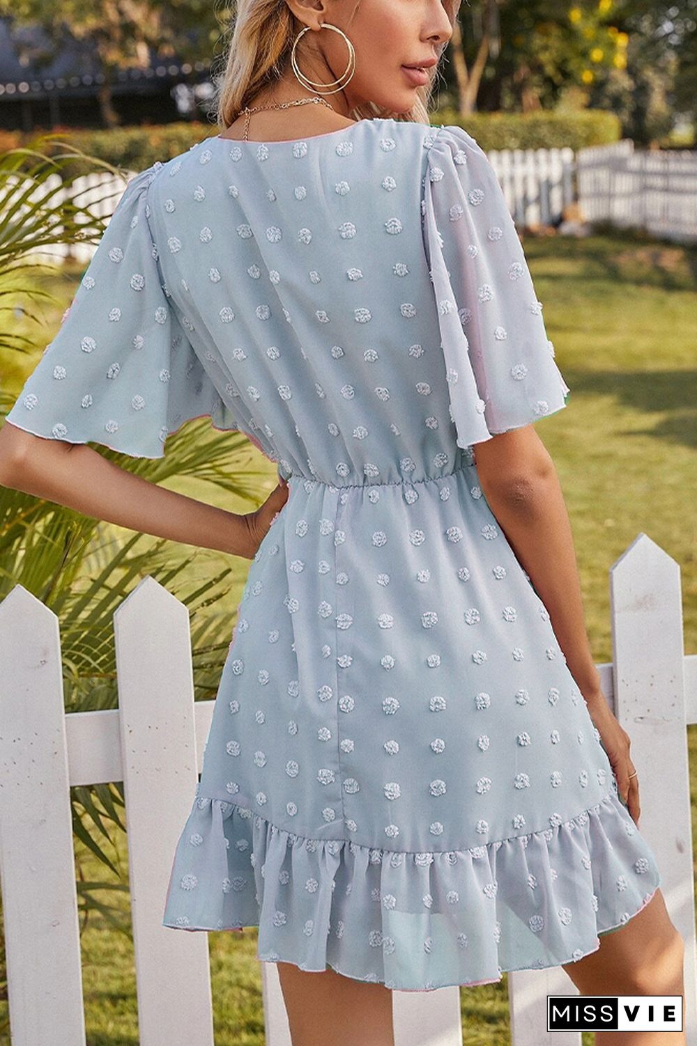 Polka Dot V Neck Short Sleeves Mini Dress Wholesale