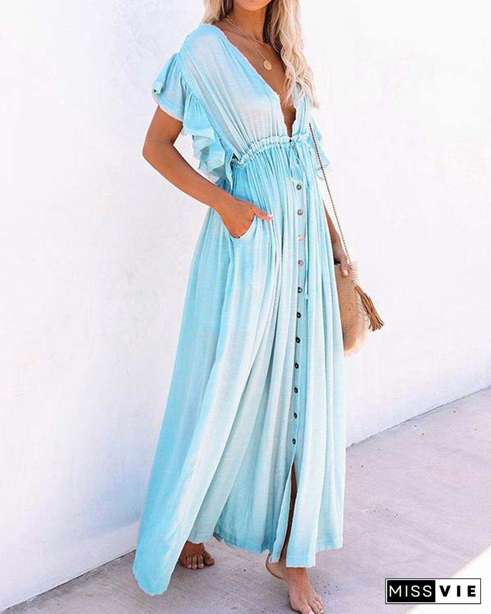 Women Long Maxi Dress Solid V neck Ladies Holiday Dress