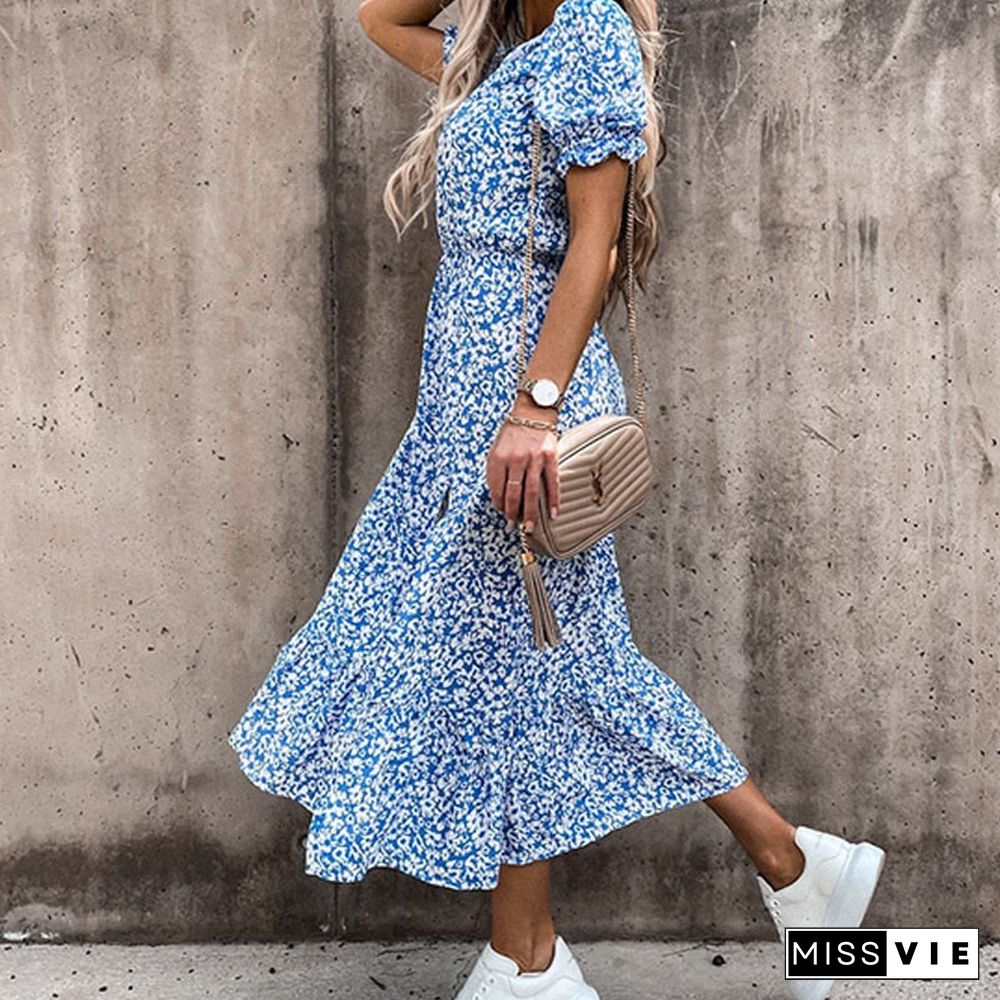 Summer Floral Print Dress Women V Neck Side Slit Long Elegant Dress Short Sleeve Button Slim Spring Female Party Dress Vestidos